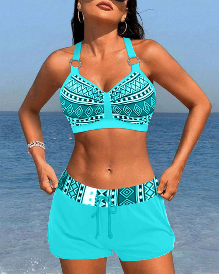 Geo-Print Neckholder-Tankini mit Shorts