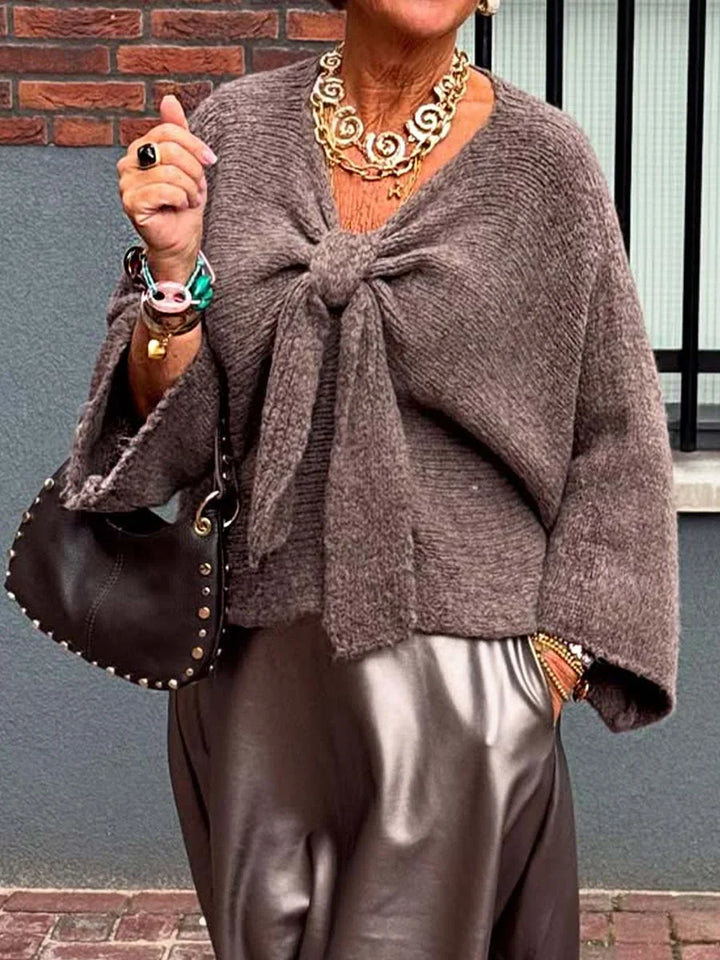 Einfarbiger V-Ausschnitt Langarm Schnürung Oversize Pullover