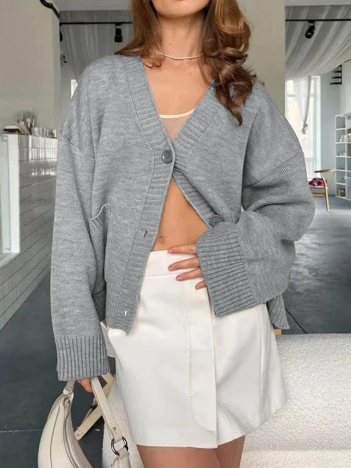Damen Einfarbiger V-Ausschnitt Langarm Casual Cardigan