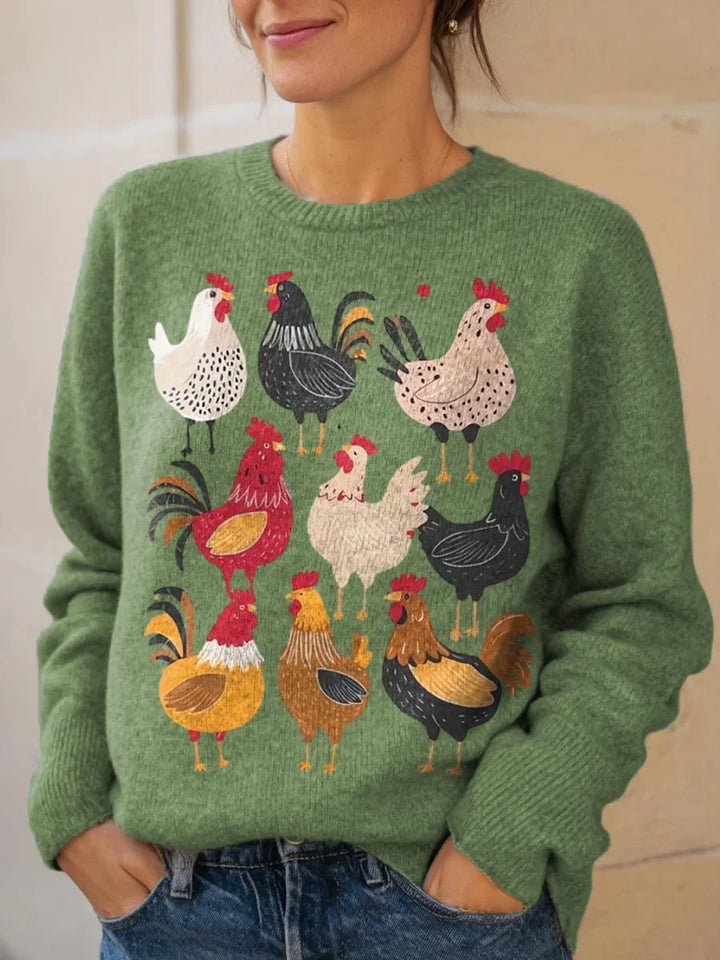 Damen Hühner Muster Strickpullover