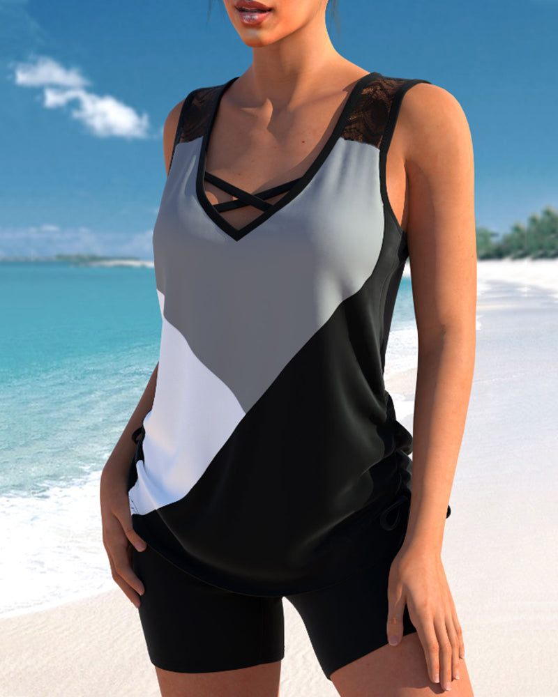 Block Spitzen-Detail Tankini-Set