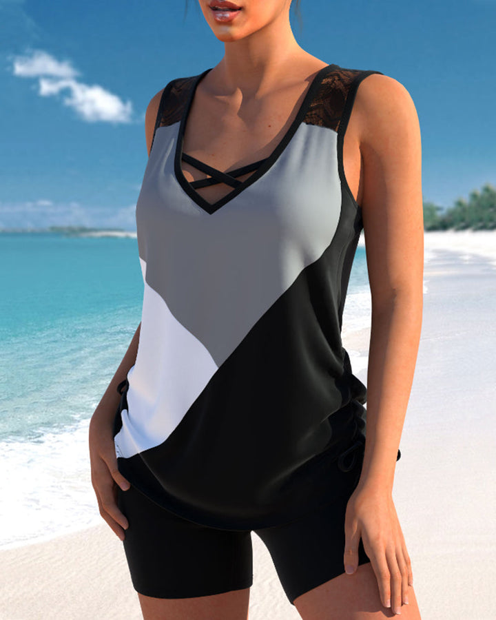 Block Spitzen-Detail Tankini-Set