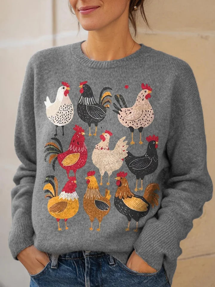 Damen Hühner Muster Strickpullover