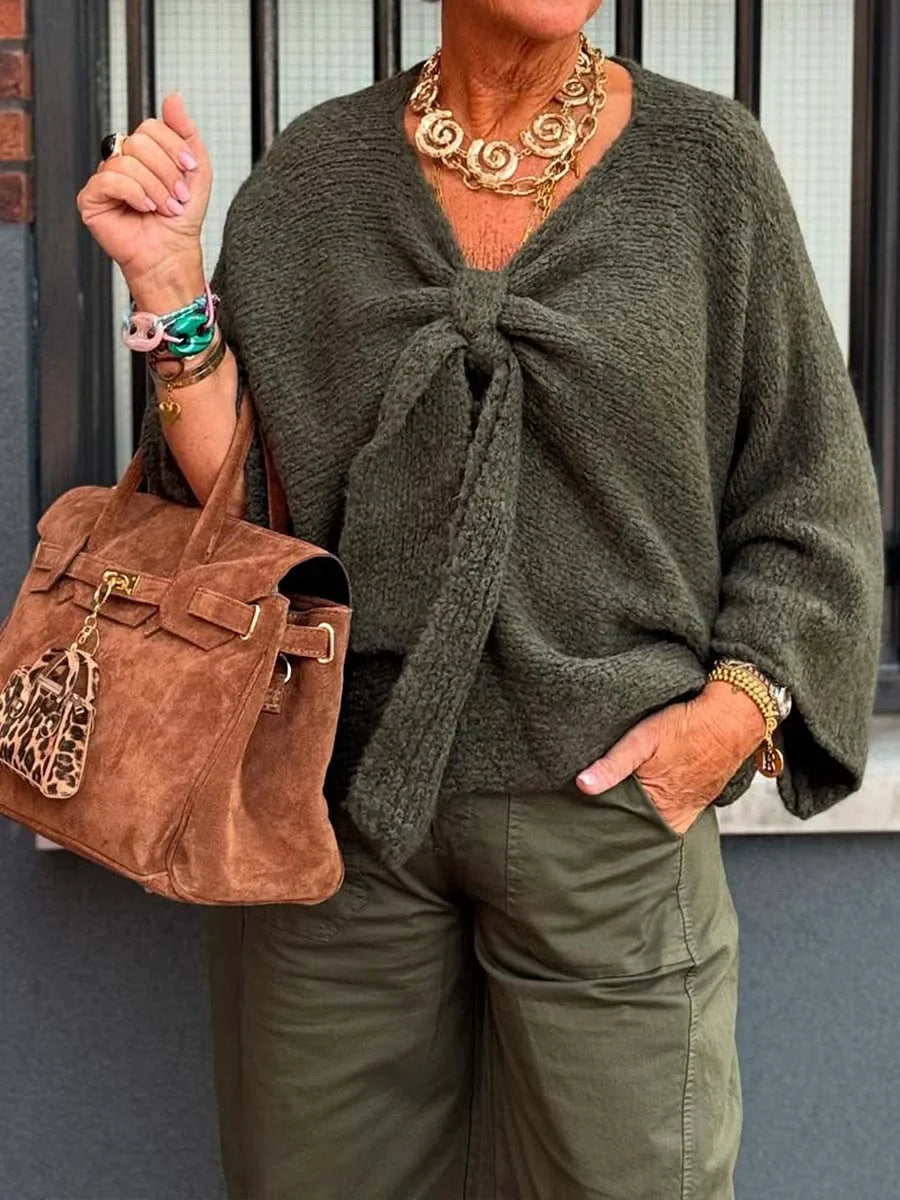 Einfarbiger V-Ausschnitt Langarm Schnürung Oversize Pullover