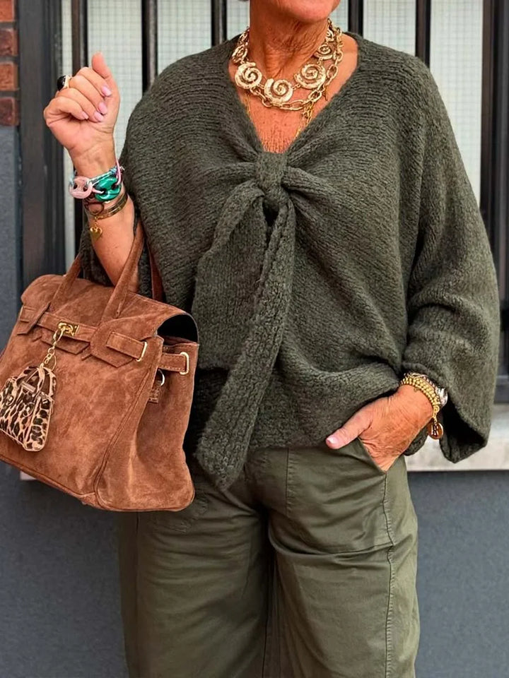 Einfarbiger V-Ausschnitt Langarm Schnürung Oversize Pullover