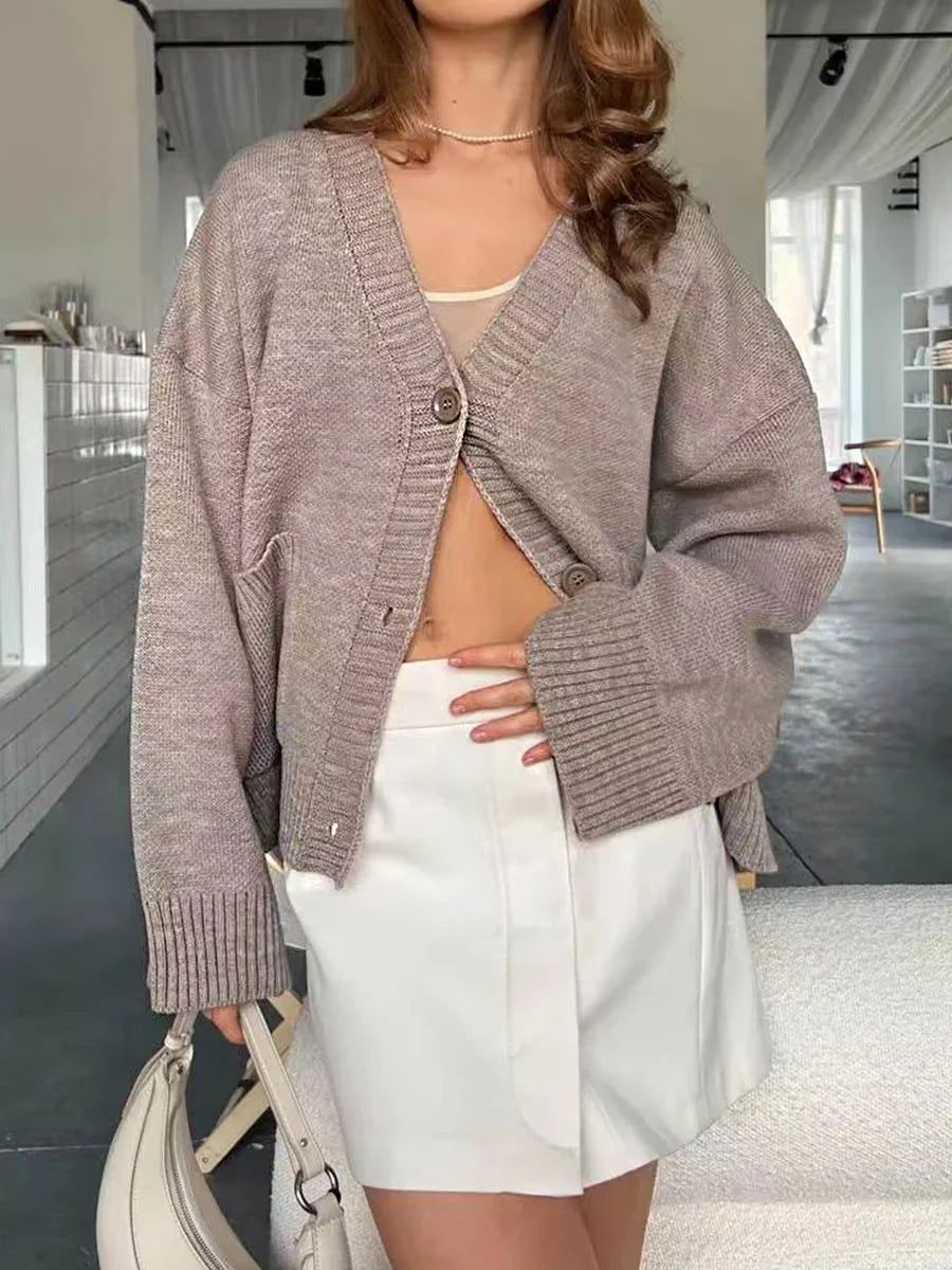 Damen Einfarbiger V-Ausschnitt Langarm Casual Cardigan