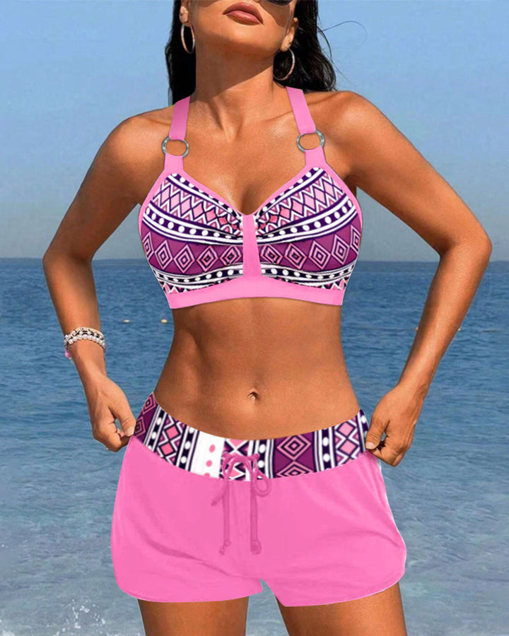 Geo-Print Neckholder-Tankini mit Shorts