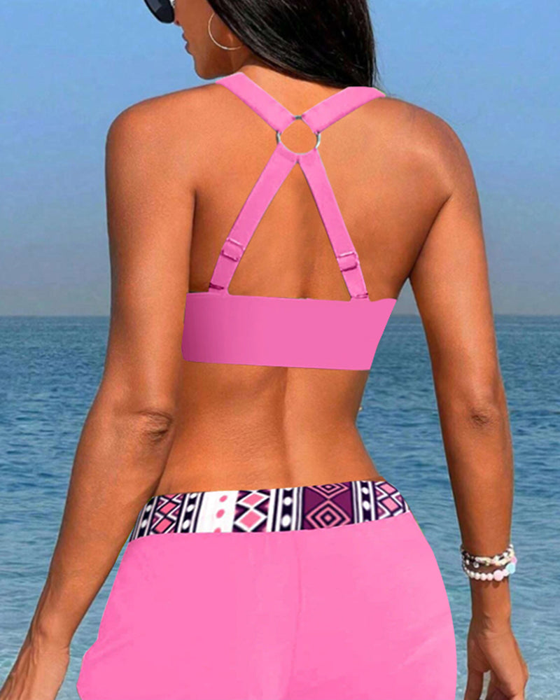 Geo-Print Neckholder-Tankini mit Shorts