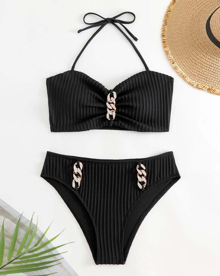 Gerippter Bikini mit Goldketten-Detail