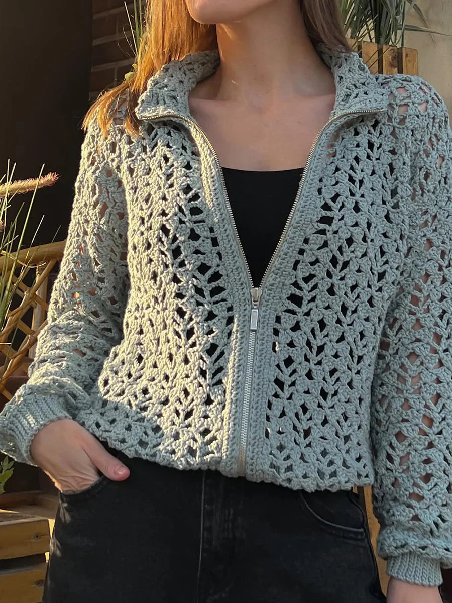 Vintage Häkelmuster Zipper Pullover