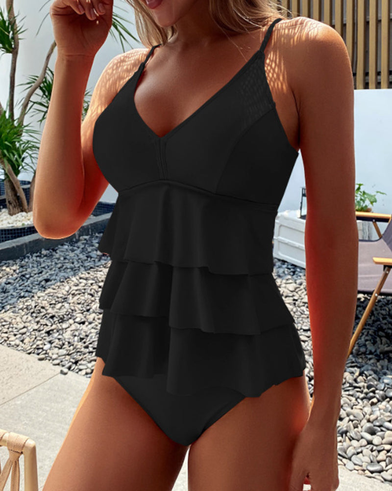 Einfarbiges Rüschen-Split-Tankini