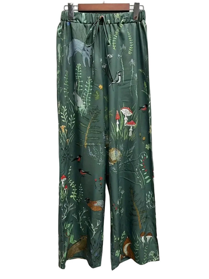 Waldgrün Gemusterte Weite Hose