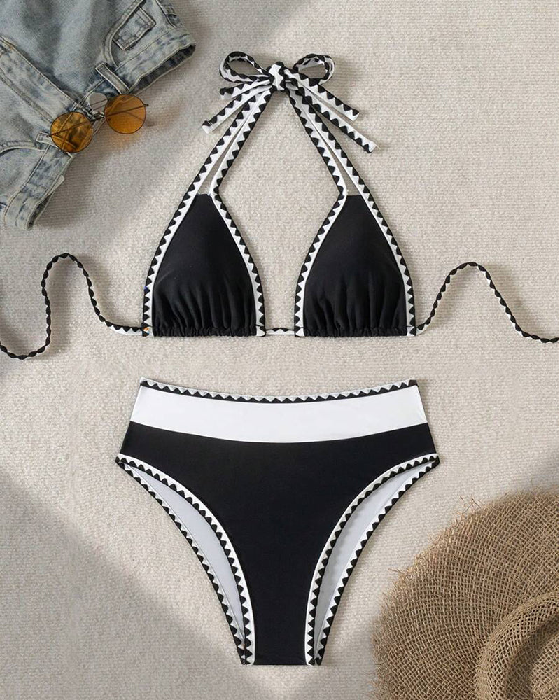 Schwarz &amp; Weiß Geo-Besatz Neckholder-Bikini
