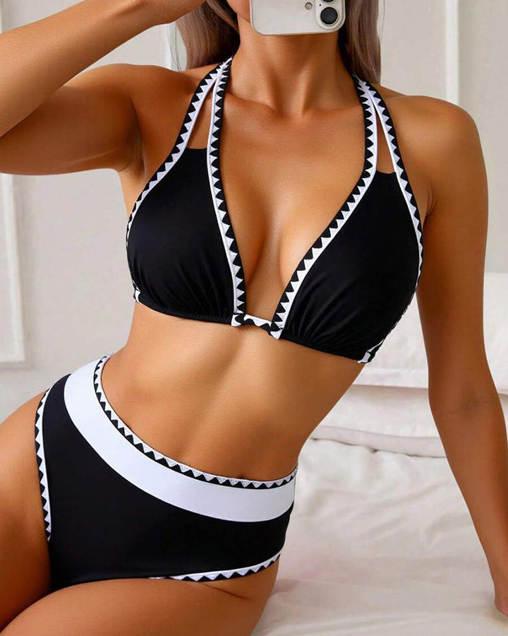 Schwarz &amp; Weiß Geo-Besatz Neckholder-Bikini